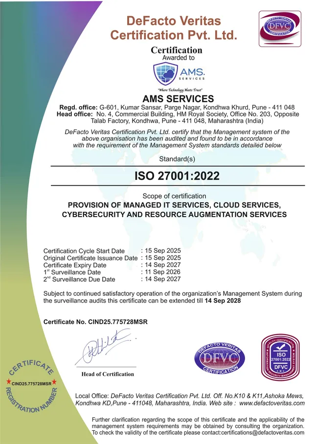 AMS ISO 27001:2022 Certificate